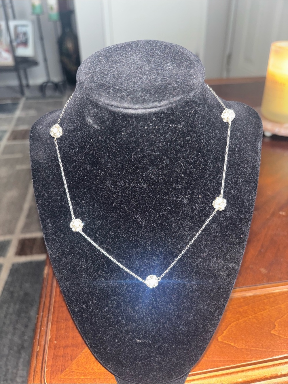 Silver Floral Station Necklace with White Crystal Accents